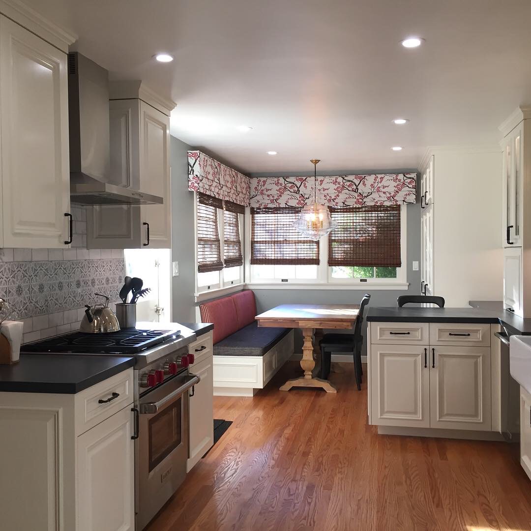 South Pasadena kitchen with banquette and cherry blossom valances